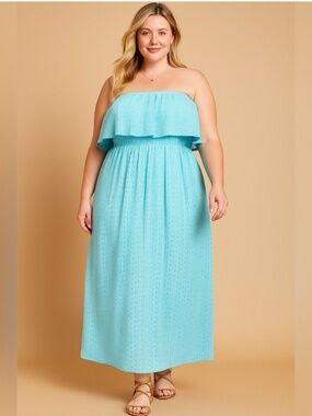 TORRID Maxi Eyelet Strapless Smocked Bodice Dress Blue Topaz Size 3X (22-24) NWT